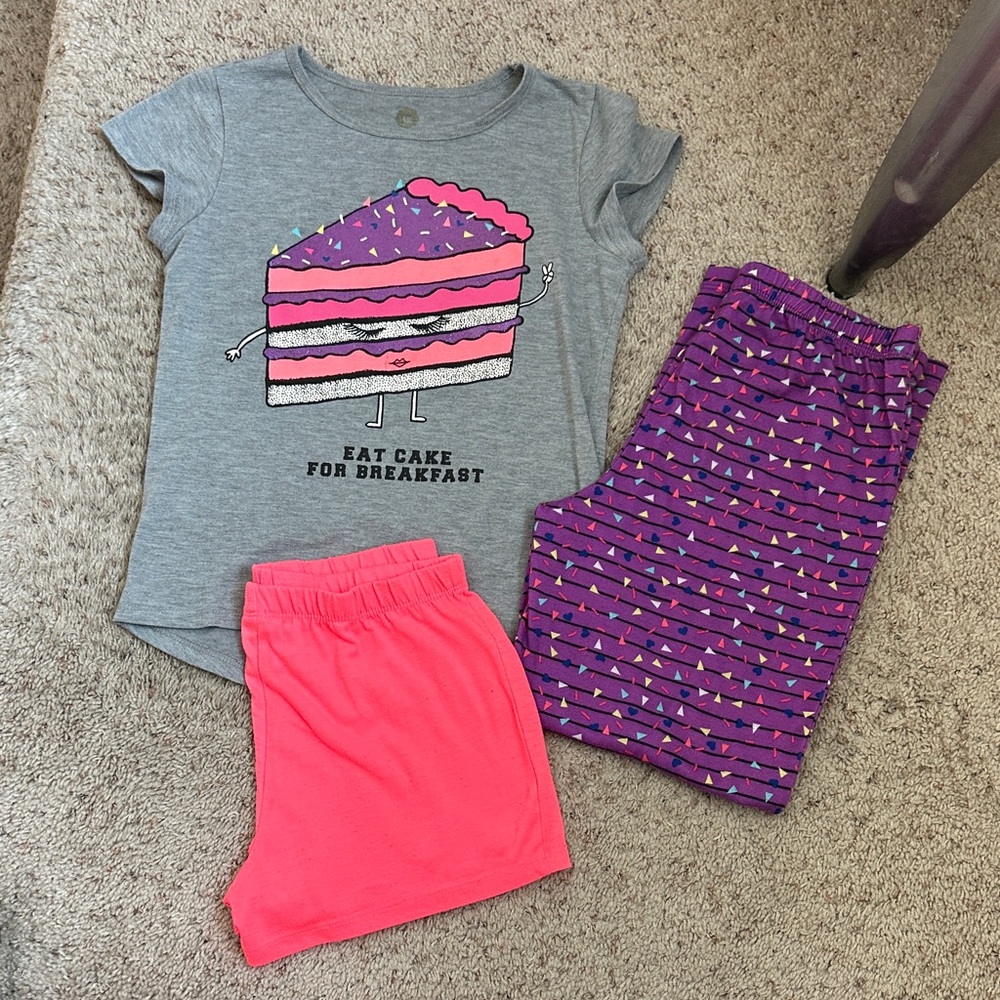 GIRLS total girl eat cake for breakfast 3 piece Pajama set size M 10/12
